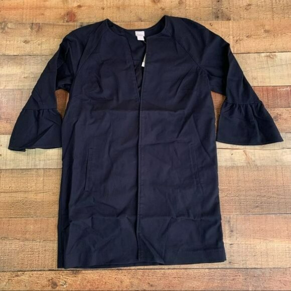 Chico’s topper drama ruffle sleeve long sleeve jacket in navy blue - 2 - Picture 1 of 8
